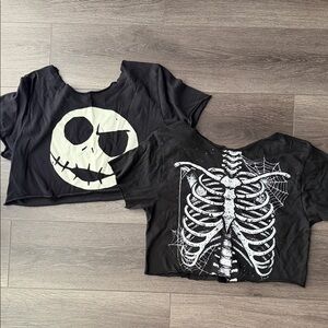2pc Women’s Crop Jack Skellington Skeleton Skull Costume shirt top lot sz S EMO